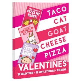 Taco Cat Goat Cheese Pizza Valentine's Day Cards - Great for Kids' School and Classroom Exchange - Includes Durable Vinyl Stickers - 32 Count