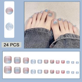 Colorful Aurora Press on Toes Nails Short Square Fake Toe Nails Shiny Glossy Full Cover False Toe Nails Summer Acrylic Toe Nails Reusable Holographic Artificial Toenails for Women Girls 24Pcs