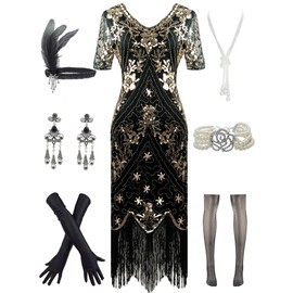 Women's 1920s Vintage Flapper Fringe Beaded Great Gatsby Party Dress w/Accessories Set (L/US 12-14, Style Short Sleeve Black Gold)