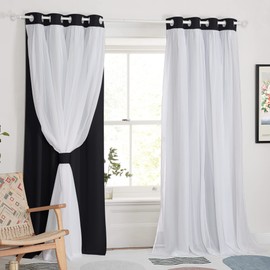 PONY DANCE Black Out Curtains - Double Layers Blackout Window Covering Sheer Linen Drapes with Grommet Curtains, 52 x 95 inch, Black, 2 PCs