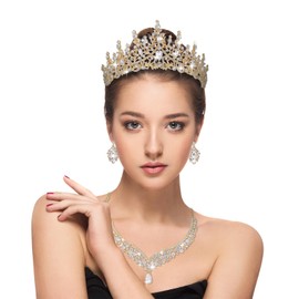 Tiaras and Crowns for Women,Tiaras Earrings Necklace, Crystal Bridal Jewelry Set, (KC Gold white)