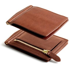 Dom Teporna Men's Money Clip with Coin Purse, Genuine Italian Leather, Thin, Bifold Wallet, Card Case, darkbrown