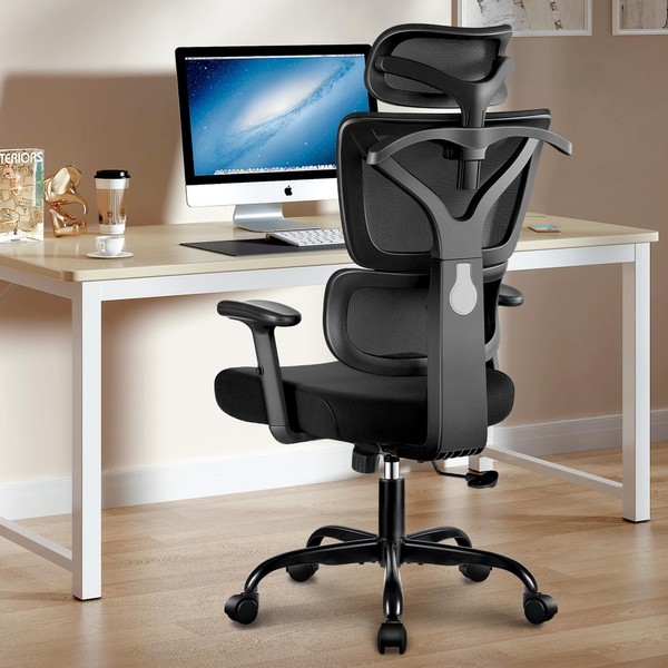 Winrise Office Chair Ergonomic Desk Chair, High Back Gaming Chair, Big and Tall Reclining Comfy Home Office Chair Lumbar Support Breathable Mesh Computer Chair Adjustable Armrests (Black)