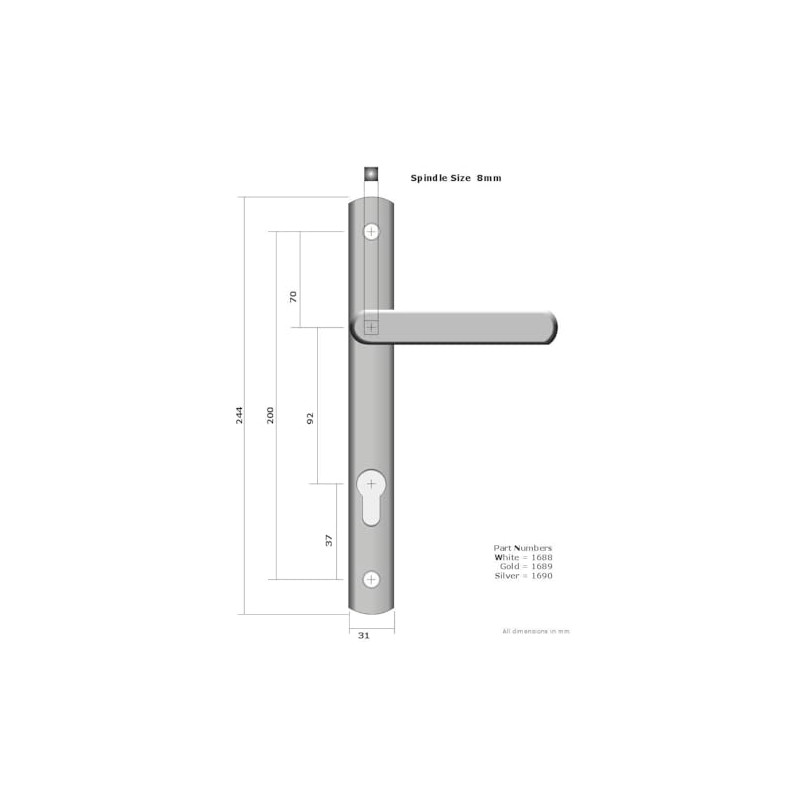 Upvc Door Handle 200mm Screw Fixings 2 Hole Fix 92pz