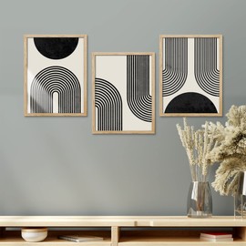 SIGNWIN Framed Abstract Geometric Wall Art, Set of 3 Mid-Century Black and White Polygons Shapes Wall Decor Prints, Nature Wilderness Wall Décor for Living Room, Bedroom - 8"x10" Natural