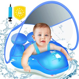 TAIMEI Flotador de Piscina para niño con toldo, protección Solar UPF50+, Flotador Inflable para niño con Parte Inferior de Apoyo de Seguridad de Piscina para niño,Bomba Manual Incluida. (Azul)