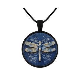 Dragonfly Blue Cameo Look Round Black Pendant on Black Cord Necklace/Necklace/Gothic Jewelry