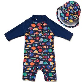 upandfast Baby Swim Costume with Sun Hat, UPF 50+ Swimwear for Baby, Colorful fish