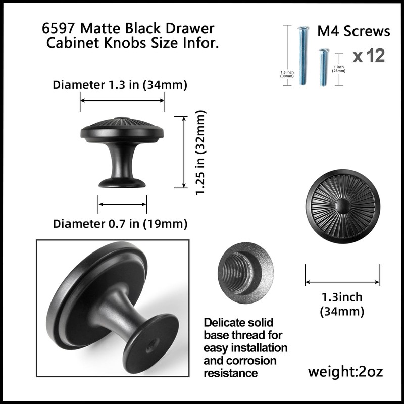 Goo-Ki 6 Pack Matte Black Cabinet Knobs Zinc Alloy Drawer