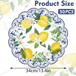 50Pcs Lemon Round Paper Placemats,13.4 Inch Cyan Blue Tiles Lemon Paper Place Mats Summer Fruit Scalloped Disposable Table Mats for Party Kitchen Dining Holiday Birthday Party Supplies