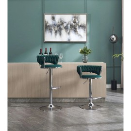 Set 2 Green Bar Stools Chrome Footrest Simple Chrome Leg Height Adjustable Mechanical Lifting Velvet Velvet + Chrome Swivel Seatcolor: as Pic Color