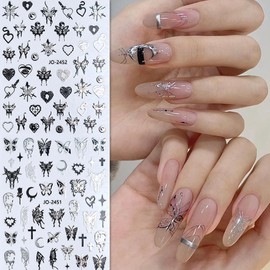 8 Sheets Butterfly Metal Nail Stickers 3D Butterfly Bronzing Self-Adhesive Nail Decal Gold Black Silver Gothic Fluidity Butterflies Stars Nail Charming Manicure Decals for Woman DIY Nail Art Decoratio