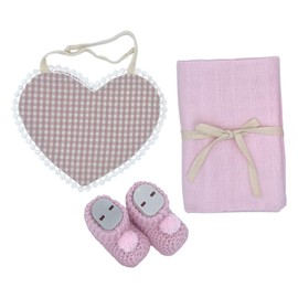 KitchKit Luxury Baby Gift Set, Knitted Blanket, Patterned Muslin Blanket, Gingham Bib, Knitted Baby Booties, Baby Shoes, Shaped Wooden Teether, Headband or Pacifier Hanger (3, Heart, Basic Set)