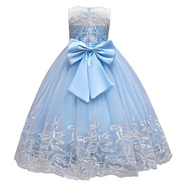 Flower Girl Lace Dress for Kids Wedding Bridesmaid Pageant Party Formal Long Maxi Gown Big Little Princess First Communion Birthday Dance Prom Sequins Bowknot Puffy Tulle Dresses Blue 9-10 Years