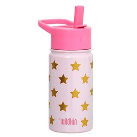 Wildkin Kids 14 oz Reusable BPA-Free Stainless Steel Water Bottle with Leak Proof Lid for Boys & Girls, Insulated, Durable, and Easy to Clean Water Bottles for Toddlers - Pink and Gold Stars