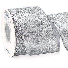 Ribbli Silver Glitter Wired Ribbon with Silver Metallic Edge,Christmas Ribbon for Wreath, Tree Decoration, Home Decor, 2-1/2 Inch x 10 Yards