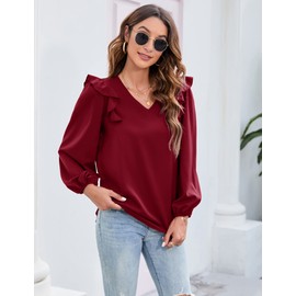 KOJOOIN Women's Long Sleeve Shirts Casual Ruffle Lantern Sleeves V-Neck Tunic Tops Loose Fit Fall Tops Wine L