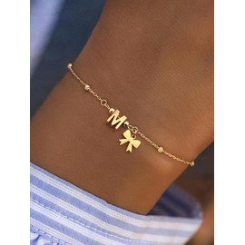 Bow & Letter Design Bracelet, Stainless Steel Chain Bracelet for Women for Party, Daily Decor, Trendy All-match & Exquisite Jewelry for Birthday Gift - Color: Golden, Specification: C