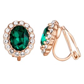 Vogem Green Non Pierced Clip On Earings for Women 18ct Rose Gold Plated Emerald Green Earrings Clip On Green Diamante Earrings for Ladies Cubic Zirconia Non Pierced Clip Earrings