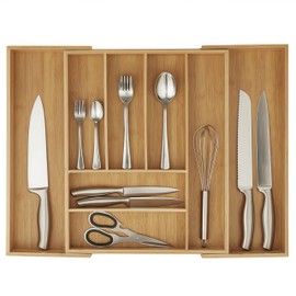 Klabelle Bamboo Drawer Organizer - Expandable Kitchen Utensil Holder, Adjustable Silverware Drawer Organization, Kitchen Wooden Tray for Cutlery, Flatware & Stationery, 6-8 Slots (Natural)