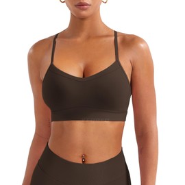 YEOREO Luciny Workout Y Back Sports Bras for Women Spaghetti Straps Racerback Padded V Neck Medium Impact Gym Bra Yoga Top Cocoa-L
