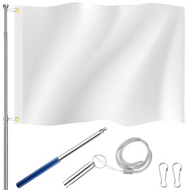 Photect Plain Flag Telescopic Flag Stake Whistle with Lanyard and 2 Hooks Set 3 x 5 Feet Polyester Flag with Eyelets for Painting or Spraying (White)