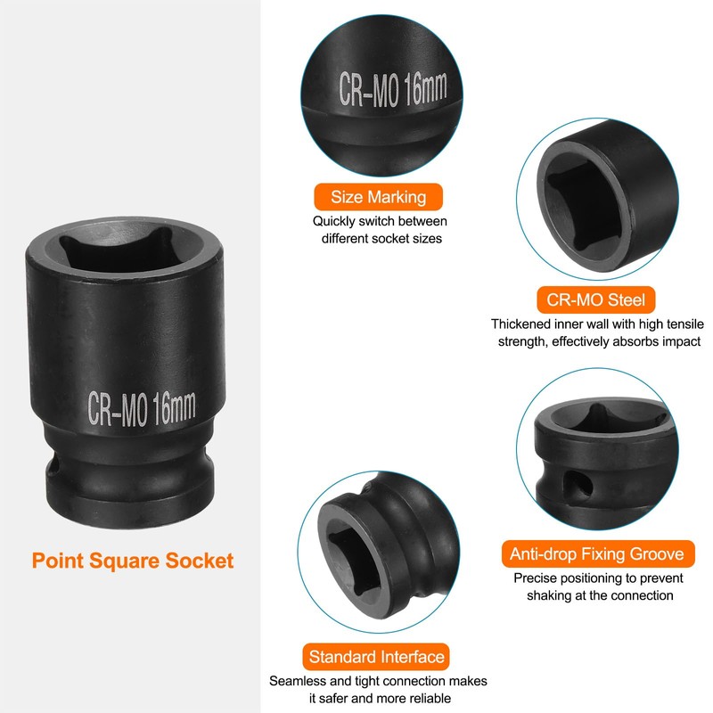 sourcing map 4 Point Square Socket 1/2" Drive 16mm Metric