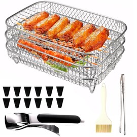 3er Set 304 Edelstahl Korb Stapelbar Luftfritteuse Racks, Heißluftfritteuse Backblech Racks mit 12 rutschfeste Silikonhüllen, 1 Verbrühungsschutz-Clip, 1 Erdbeer-Clip und eine große Bürste