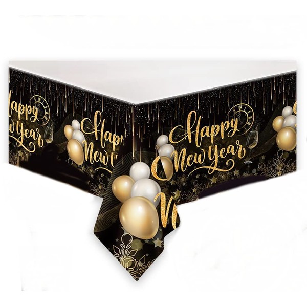 Dusenly Black Gold Happy New Year Tablecloth Plastic Disposable New