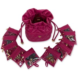 Ultra Jewelry Case – Travel Jewelry Organizer Convertible to an Evening Bag with 10 Clear Removable Pouches, 2 Snap Side Pockets & Drawstring Closure – Featured in Oprah’s Favorite Things (Fuchsia)