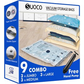 Vacuum Bags for Clothes - Set of 9 (3 Size Jumbo, 3 Large Large, 3 Medium Medium) with Hand Pump, Space Saving Vacuum Packaging Bags for Clothes, Duvets, Travel Gadgets and More