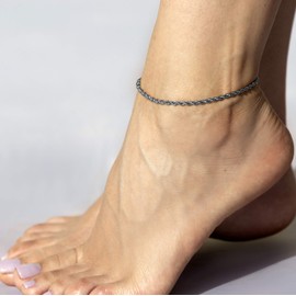 LIFETIME JEWELRY 3mm Rope Chain Anklet for Women & Men 24k Gold Plated Bracelet (White Gold, 9)