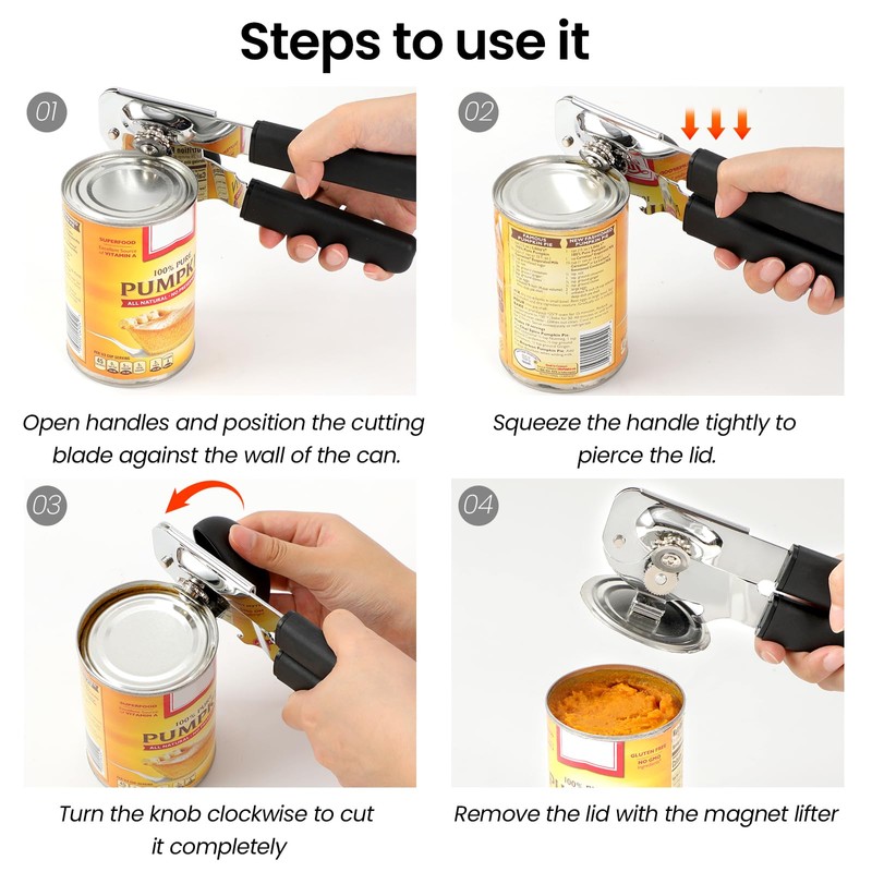 Can Opener Manual with Magnet Lift, Heavy Duty Handheld Smooth