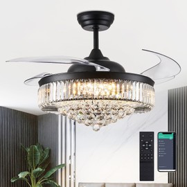 Fandelier Ceiling Fans with Lights and Remote Control Crystal Chandelier Ceiling Fan for Bedroom Living Room, LED Dimmable, 6 Speeds, Reversible DC Motor,Black