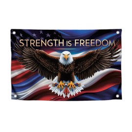 3x5 Foot American Eagle Quoted Flag "Strength is Freedom" with Four Brass Grommets - Americans Eagle Flag for 4th of July or Memorial Day - Indoor or Outdoor Man Cave Wall Banner Décor