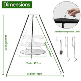 Campfire Tripod for Cooking, Portable & Collapsible Camping Cooking Tripod Grill with Round Grate for BBQ Picnic Outdoor Cookware Party
