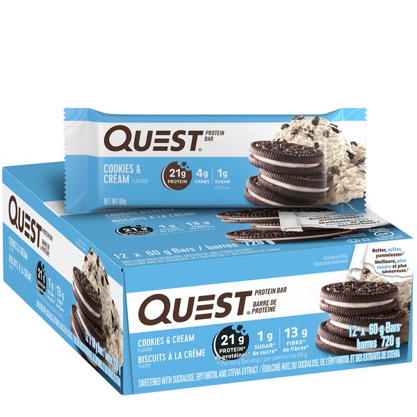Quest Nutrition Cookies & Cream Protein Bars, High Protein, Low Carb, Gluten Free, Keto Friendly, 12 Count