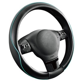 PIC AUTO Steering Wheel Cover, Mint Piping Leather, Sports Carbon Fiber and Super Breathable Leather, Universal 14.5-15.5 Inch Anti-Slip Steering Wheels Accessories for Men & Women