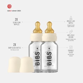 Bibs Baby Glass Bottle | Newborn Anti-Colic Baby Bottles | Borosilicate Glass with a Natural Vented Round Natural Rubber Latex Nipple | Consistent Flow Rate | 3.7 oz/110 ml | 2 Pack | Ivory