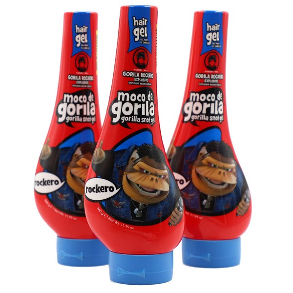 Moco de Gorila, Explosive Rocker Hair Styling Gel, Long-Lasting Hold, Reactivatable with water, 3- Pack 11.92 Oz, Squeezable Bottles.