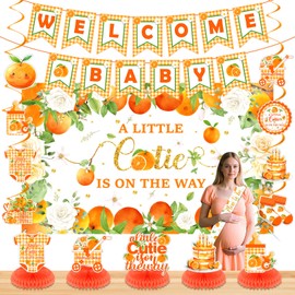Orange Baby Shower Decorations A Little Cutie Is On Her Way Banner Little Cutie Welcome Baby Orange Theme Backdrop Hanging Swirls Honeycomb Centerpieces Sash for Baby Shower Party Supplies
