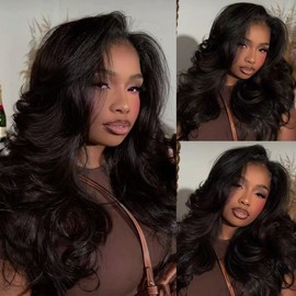 Mscoco Hair Layer Cut 100% Human Hair Pre Cut 6x5 HD Lace Wavy Glueless Wig With Curtain Bangs - Size: 16 inch