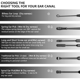 Hion 6 Pcs Ear Wax Removal Kit,Professional Double-Headed Ear Pick Earwax Removal Tools,316L Stainless Steel Ear Cleaner Curette with Cleaning Brush and Storage Box,Suit for Kid Adult(Black)