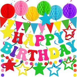 Colorful Birthday Decorations - Glittery Happy Birthday Banner & Honeycomb Balls, Star Hanging Swirls Streamer, Circle Dots Garland, Triangle Flags Bunting for Rainbow Birthday Party Decorations
