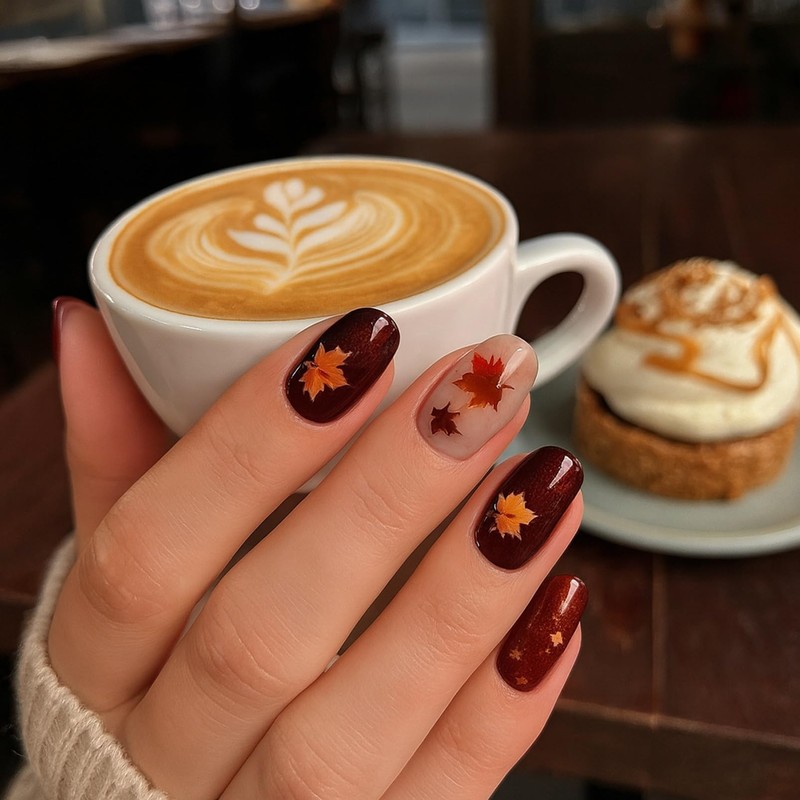 Burgundy Coffin Press-On Nails, 24-Piece Maple Leaf Glitter Nail Set