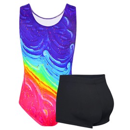 TENVDA Girls Gymnastics Leotards Size 6-7 Years Old Colorful Wave Sleeveless Tumbling Outfit Athletic Bodysuit Matching Shorts
