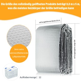 bonna Radiator Reflective Film 5 m x 0.6 m x 3 mm, Insulation Film, Reflective Film for Radiator Insulation Behind Radiator