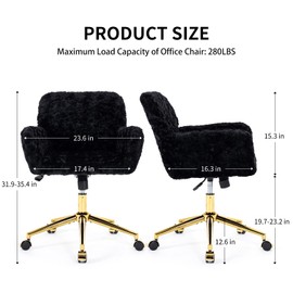 Shenyon Black Office Chair Faux Fur Vanity Chair, Comfortable Home Office Desk Chairs with Wheels and Arms, Swivel Wide Office Chair Makeup Chair Height Adjustable for Office, Study, Bedroom, Black