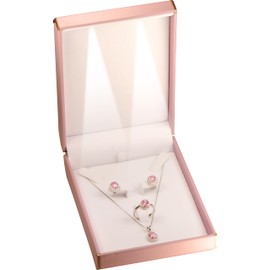 LED Necklace Pendant Earring Ring Box for Engagement, Wedding… Octagonal Design with Gold Trim PU Leather Necklace Earrings Ring Jewelry Gift Holder Box with Light for Men for Women (1, Pink)