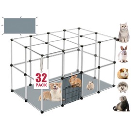 32 Panels Small Animals Playpen,Transparent Pet Playpen with Waterproof Mat, Plastic Enclosure,Puppy Play Pen,Pet Fence Yard Fence for Guinea Pigs,Bunny,Ferrets,Hamsters,Hedgehogs for Indoors Outdoor